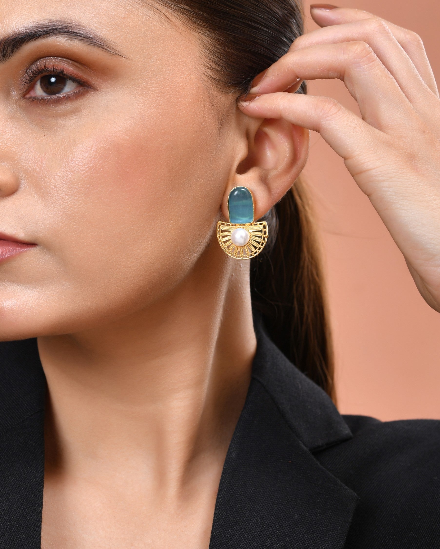 VOJ Gold Plated Sky Blue Stone And Pearl Dome Shaped Studs Earrings | Grocsy