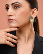 VOJ Gold Plated Sky Blue Stone And Pearl Dome Shaped Studs Earrings | Grocsy