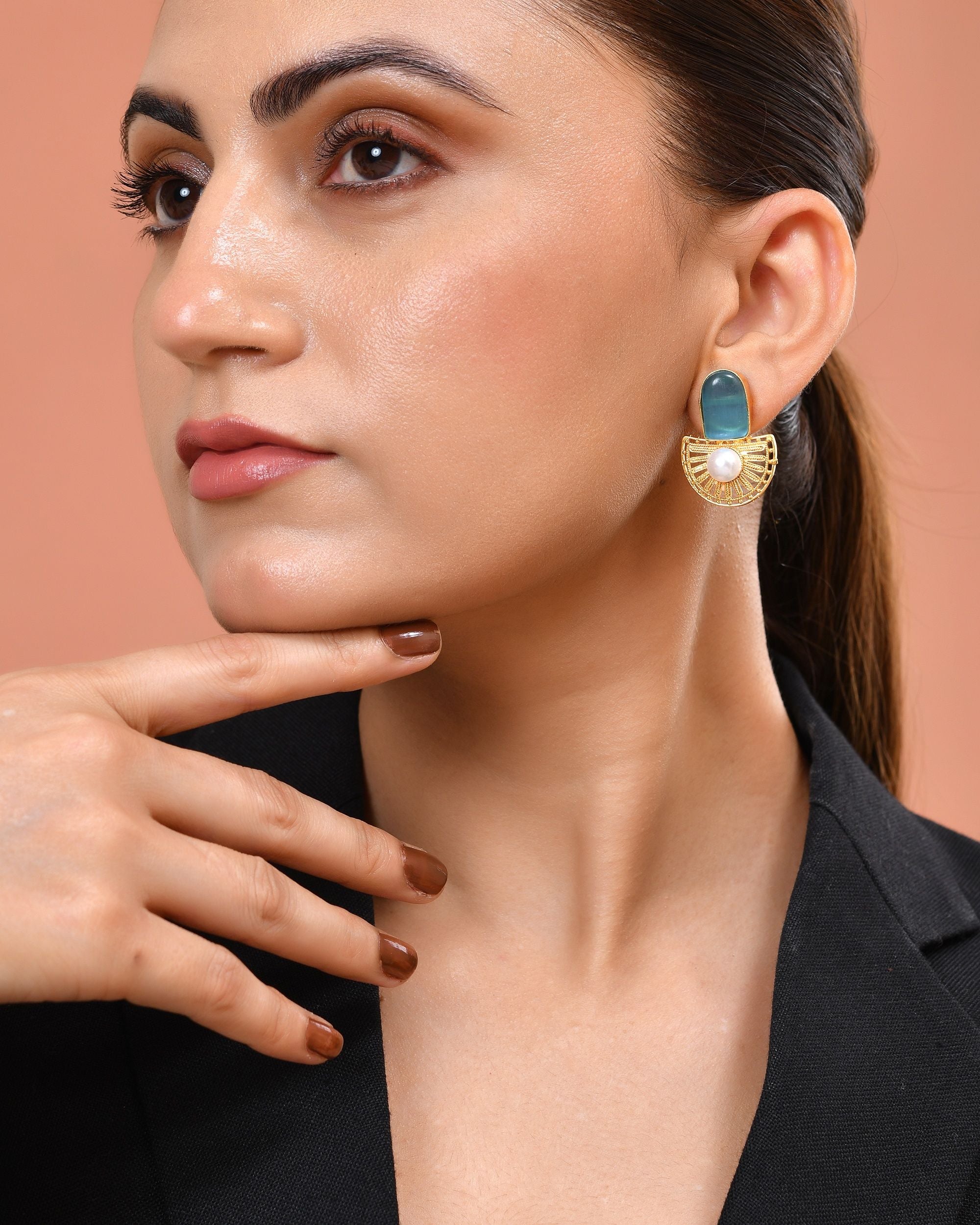 VOJ Gold Plated Sky Blue Stone And Pearl Dome Shaped Studs Earrings | Grocsy