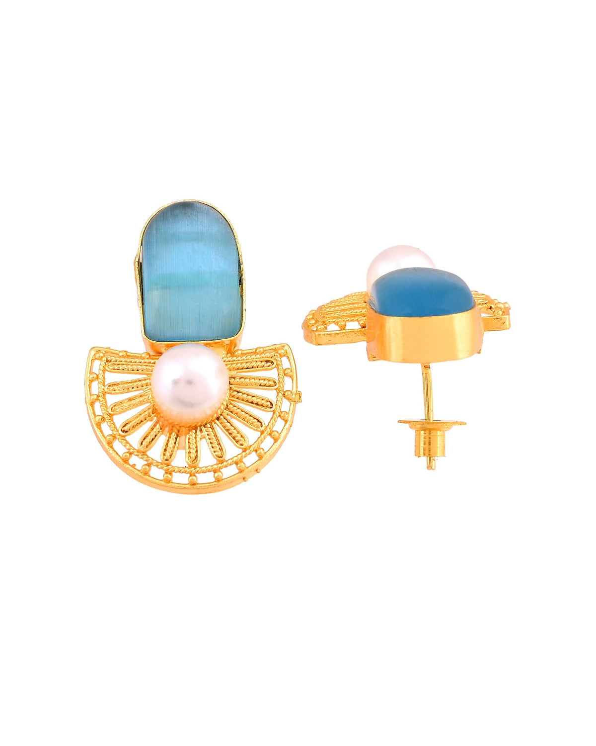 VOJ Gold Plated Sky Blue Stone And Pearl Dome Shaped Studs Earrings | Grocsy