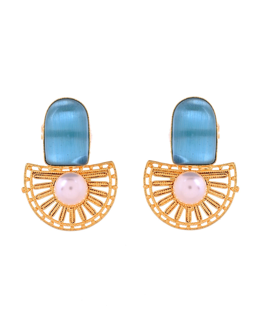 VOJ Gold Plated Sky Blue Stone And Pearl Dome Shaped Studs Earrings | Grocsy