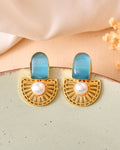 VOJ Gold Plated Sky Blue Stone And Pearl Dome Shaped Studs Earrings | Grocsy