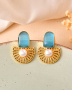 VOJ Gold Plated Sky Blue Stone And Pearl Dome Shaped Studs Earrings | Grocsy
