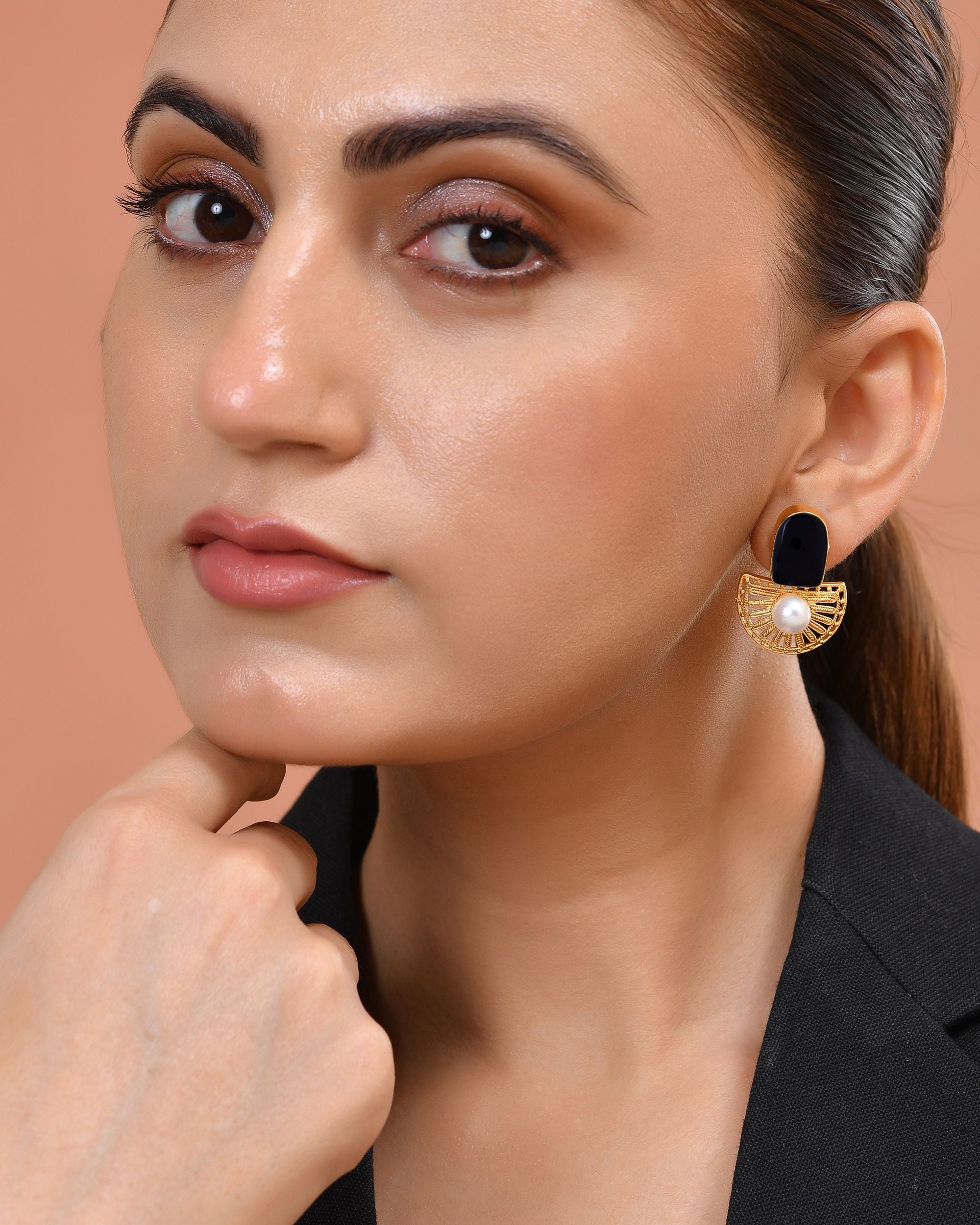 VOJ Gold Plated Black Stone And Pearl Dome Shaped Studs Earrings | Grocsy