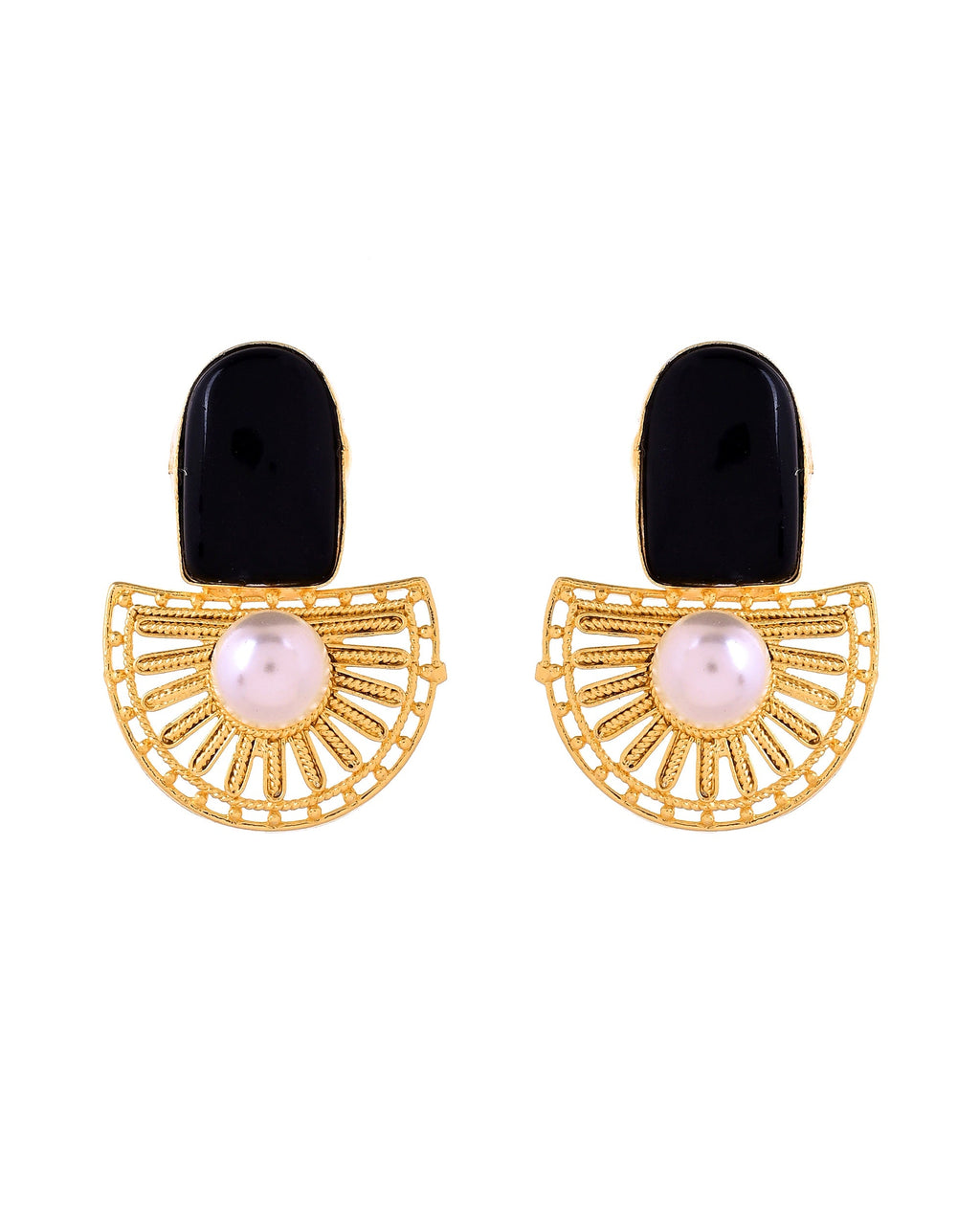 VOJ Gold Plated Black Stone And Pearl Dome Shaped Studs Earrings | Grocsy