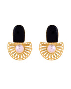 VOJ Gold Plated Black Stone And Pearl Dome Shaped Studs Earrings | Grocsy