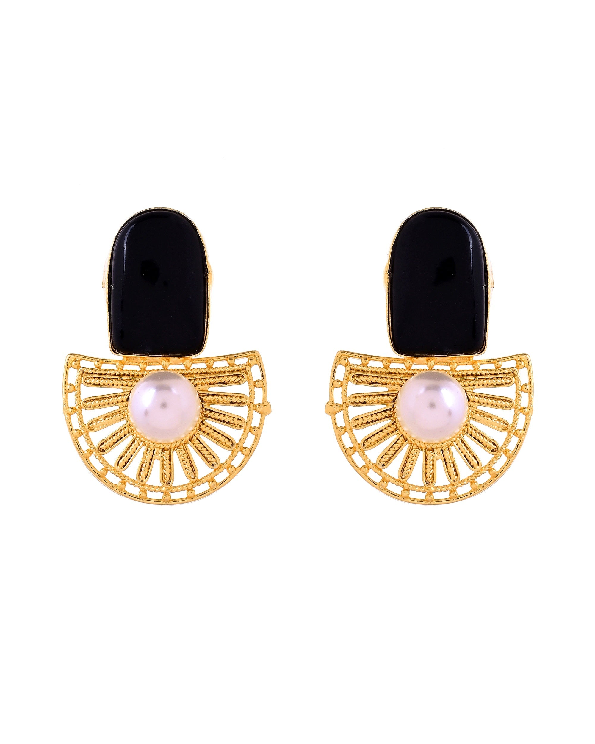 VOJ Gold Plated Black Stone And Pearl Dome Shaped Studs Earrings | Grocsy