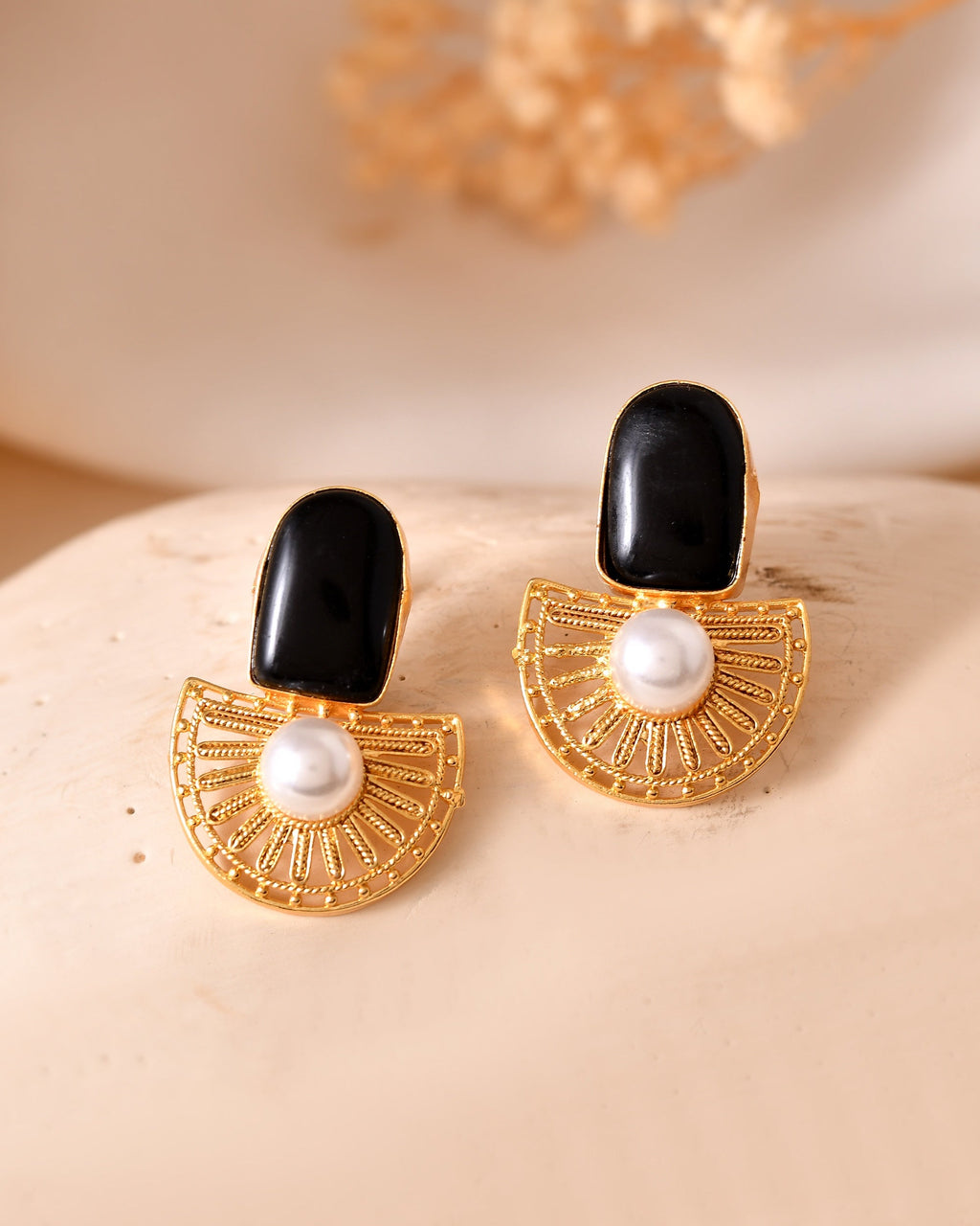 VOJ Gold Plated Black Stone And Pearl Dome Shaped Studs Earrings | Grocsy