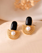 VOJ Gold Plated Black Stone And Pearl Dome Shaped Studs Earrings | Grocsy