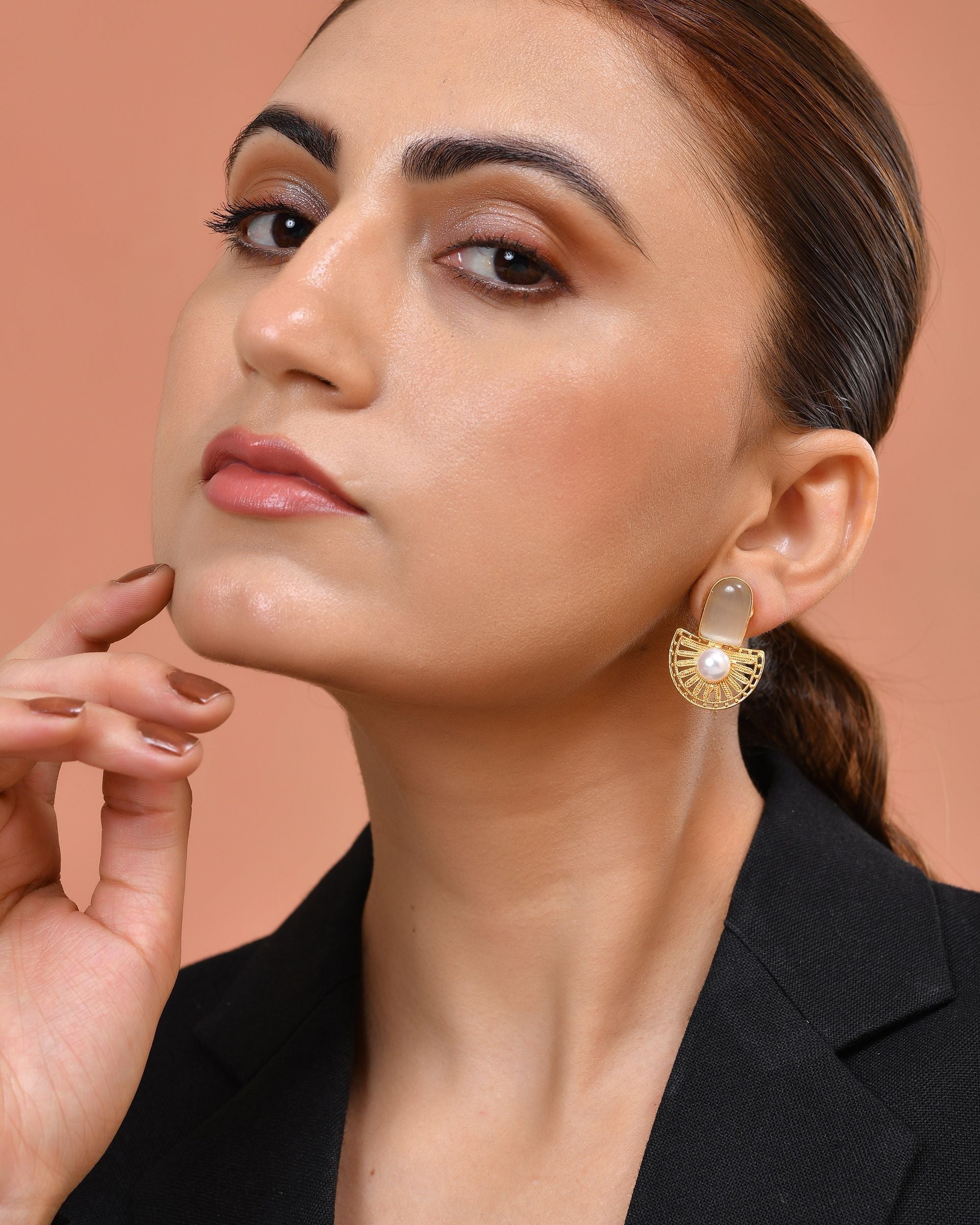 VOJ Gold Plated Off White Stone And Pearl Dome Shaped Studs Earrings | Grocsy