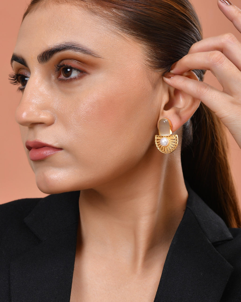VOJ Gold Plated Off White Stone And Pearl Dome Shaped Studs Earrings | Grocsy