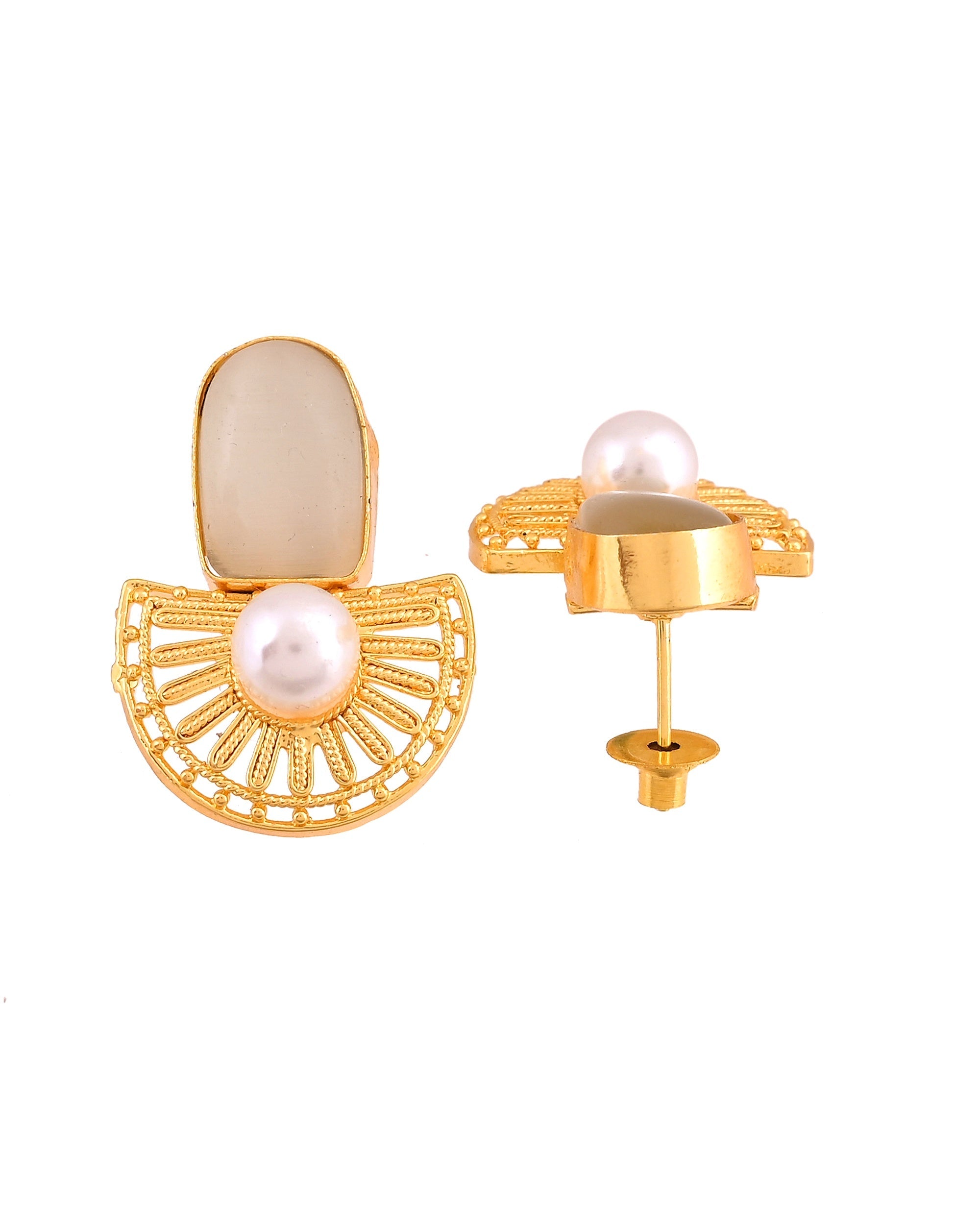 VOJ Gold Plated Off White Stone And Pearl Dome Shaped Studs Earrings | Grocsy