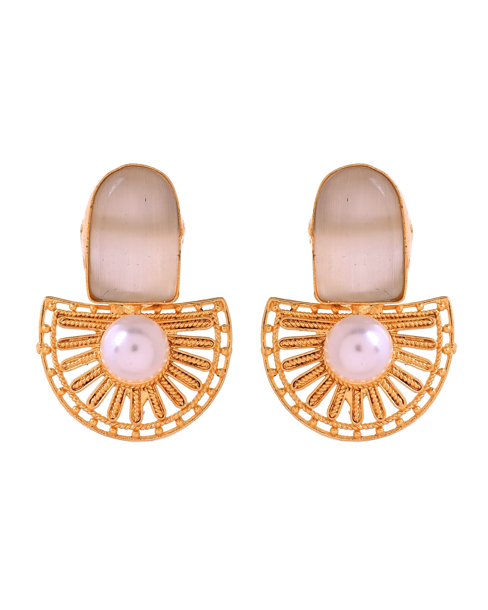 VOJ Gold Plated Off White Stone And Pearl Dome Shaped Studs Earrings | Grocsy
