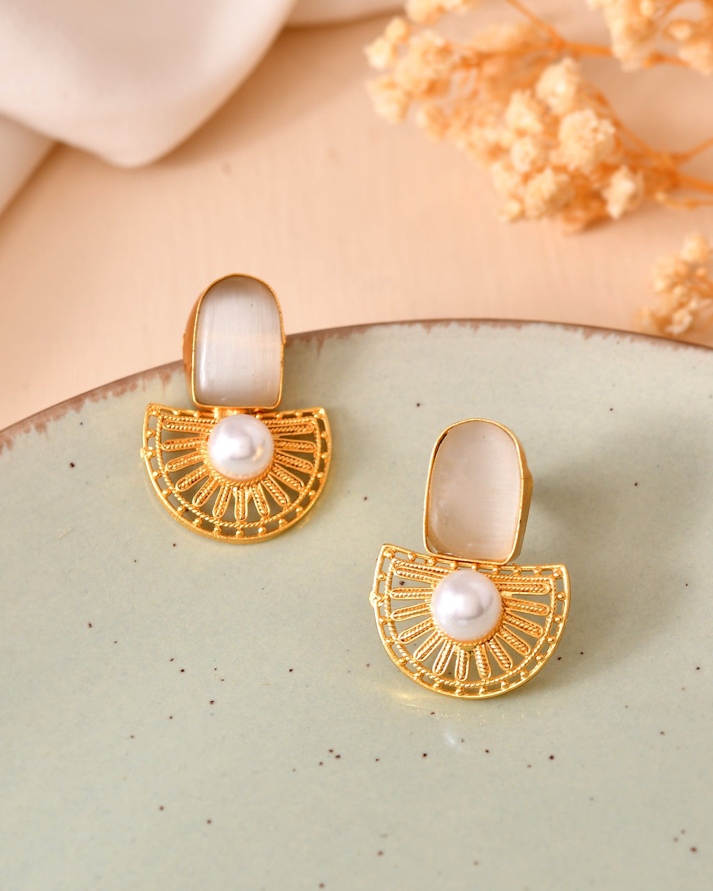 VOJ Gold Plated Off White Stone And Pearl Dome Shaped Studs Earrings | Grocsy