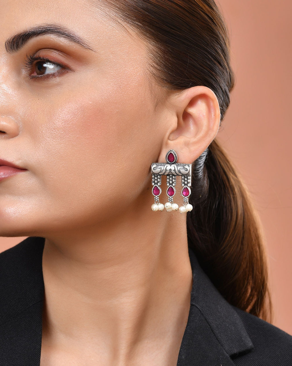 VOJ Silver Plated Designer Oxidized Studs Earrings | Grocsy