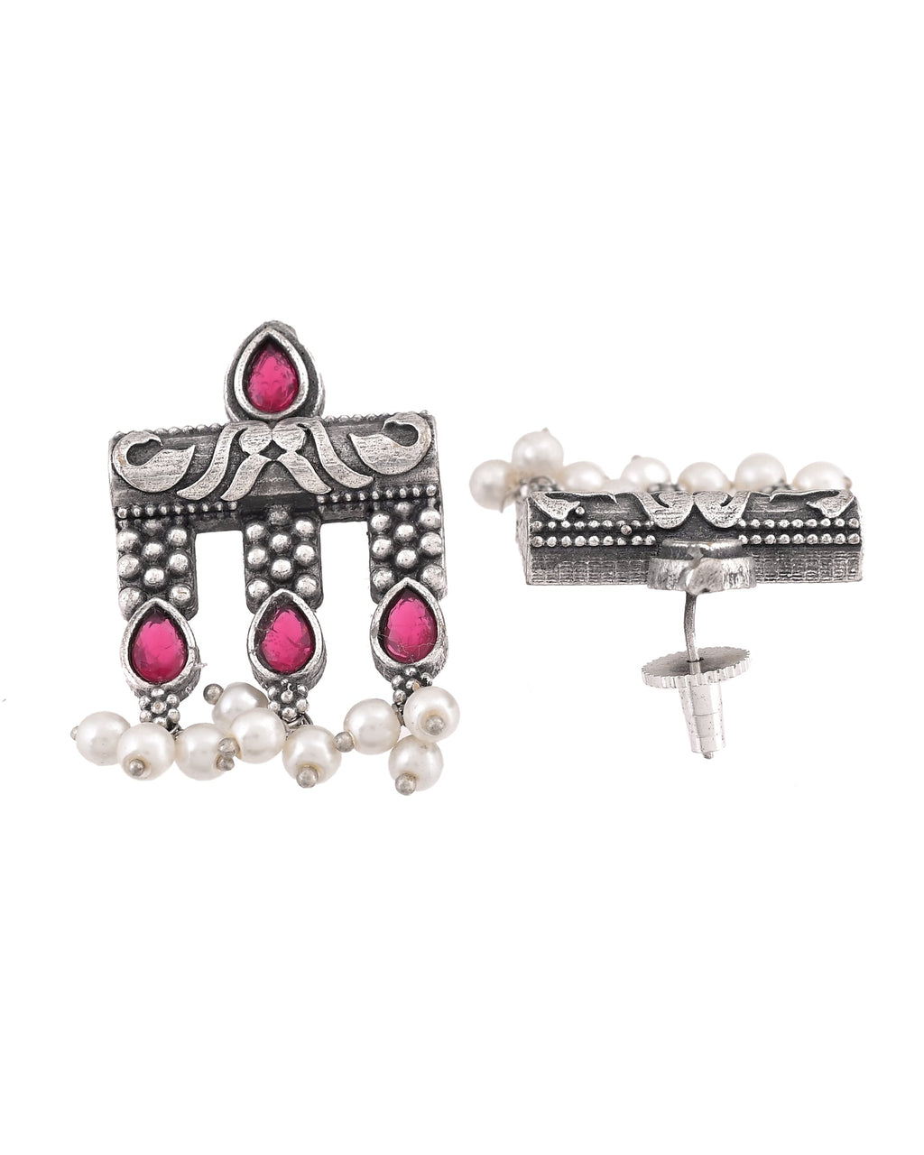 VOJ Silver Plated Designer Oxidized Studs Earrings | Grocsy
