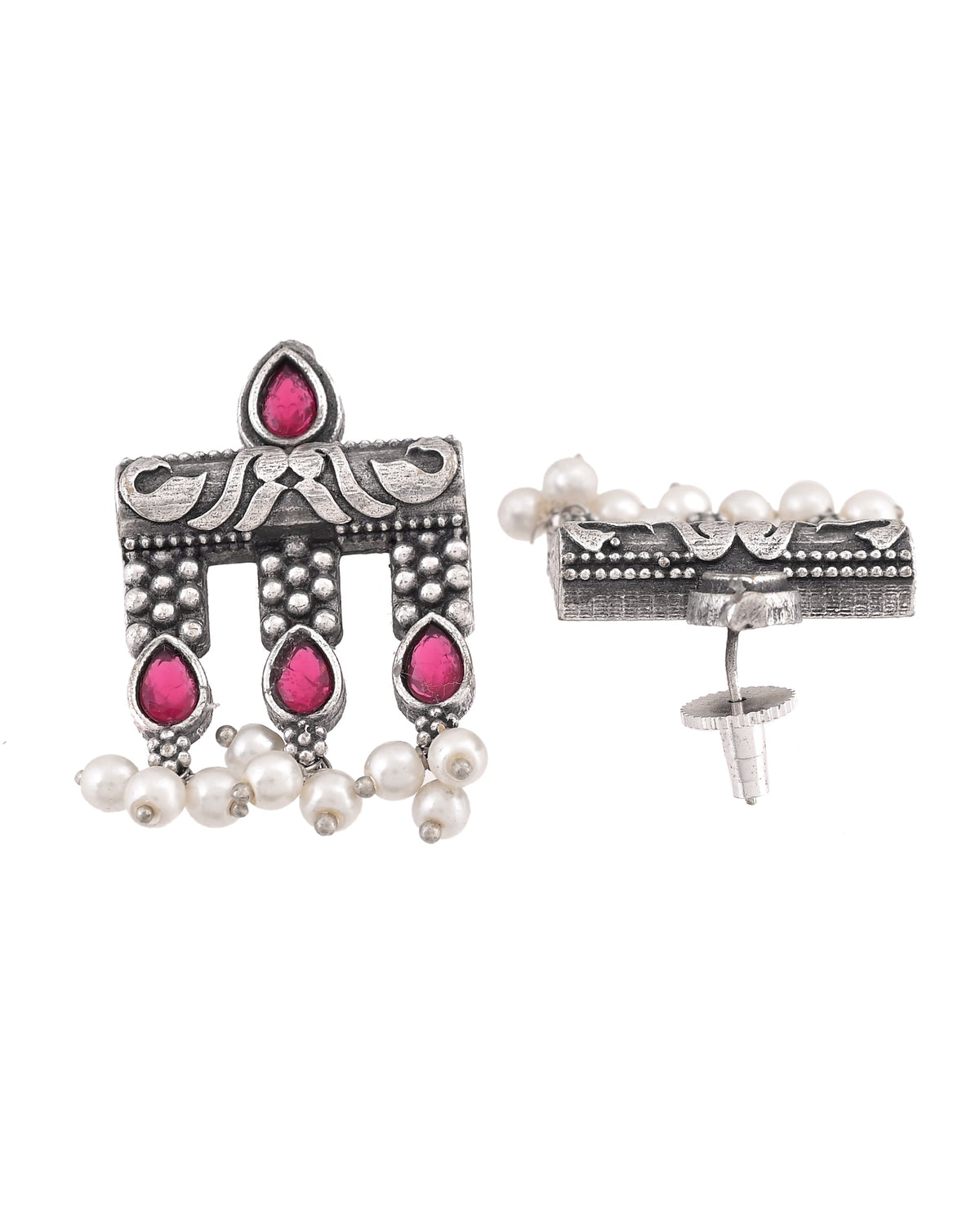 VOJ Silver Plated Designer Oxidized Studs Earrings | Grocsy