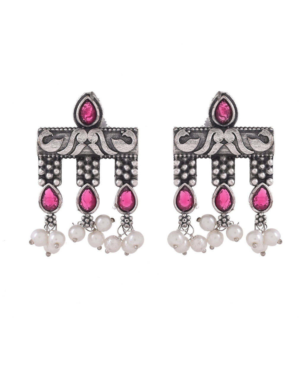 VOJ Silver Plated Designer Oxidized Studs Earrings | Grocsy