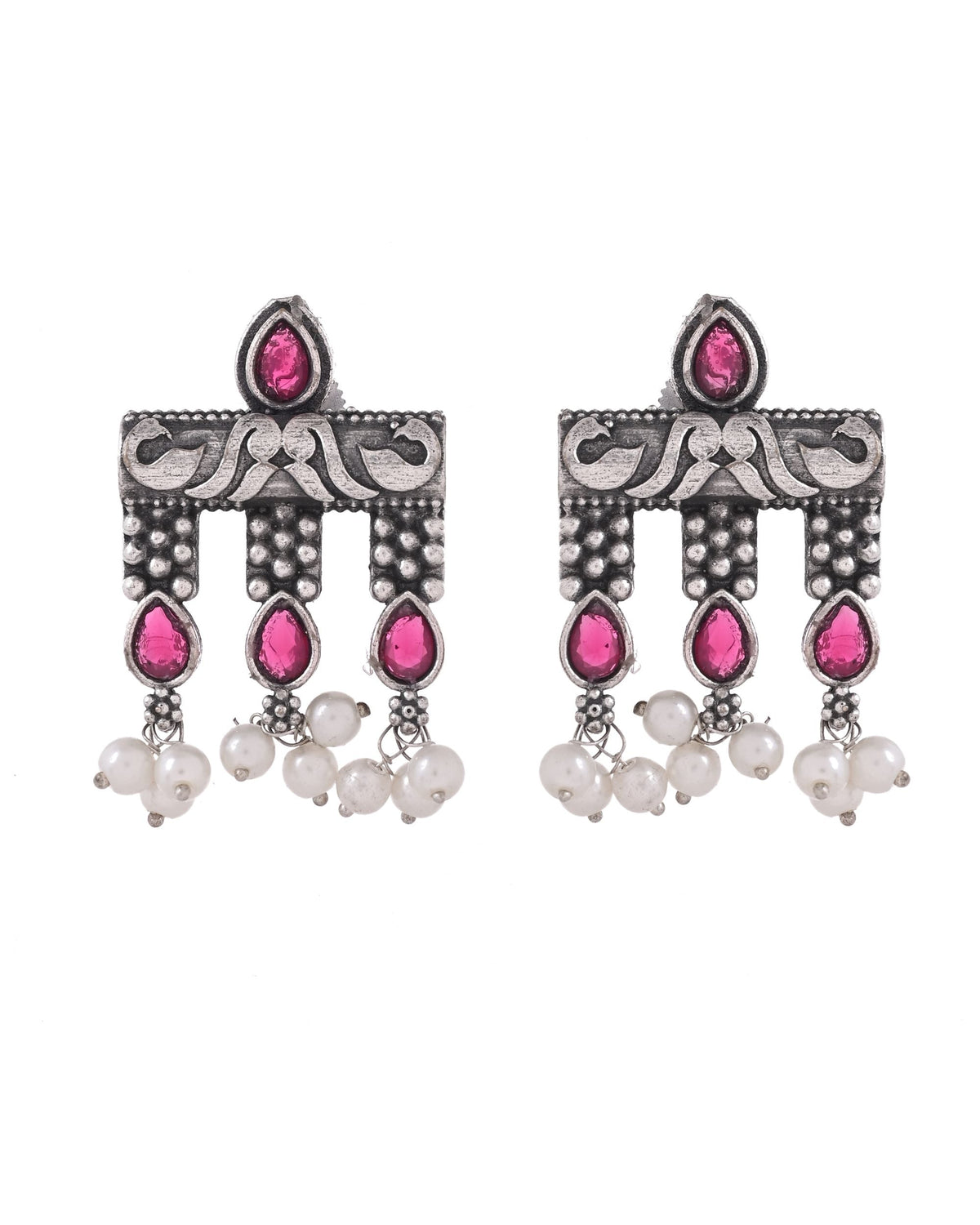 VOJ Silver Plated Designer Oxidized Studs Earrings | Grocsy