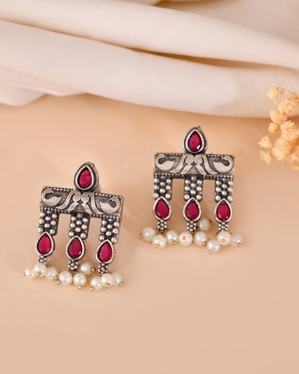 VOJ Silver Plated Designer Oxidized Studs Earrings | Grocsy