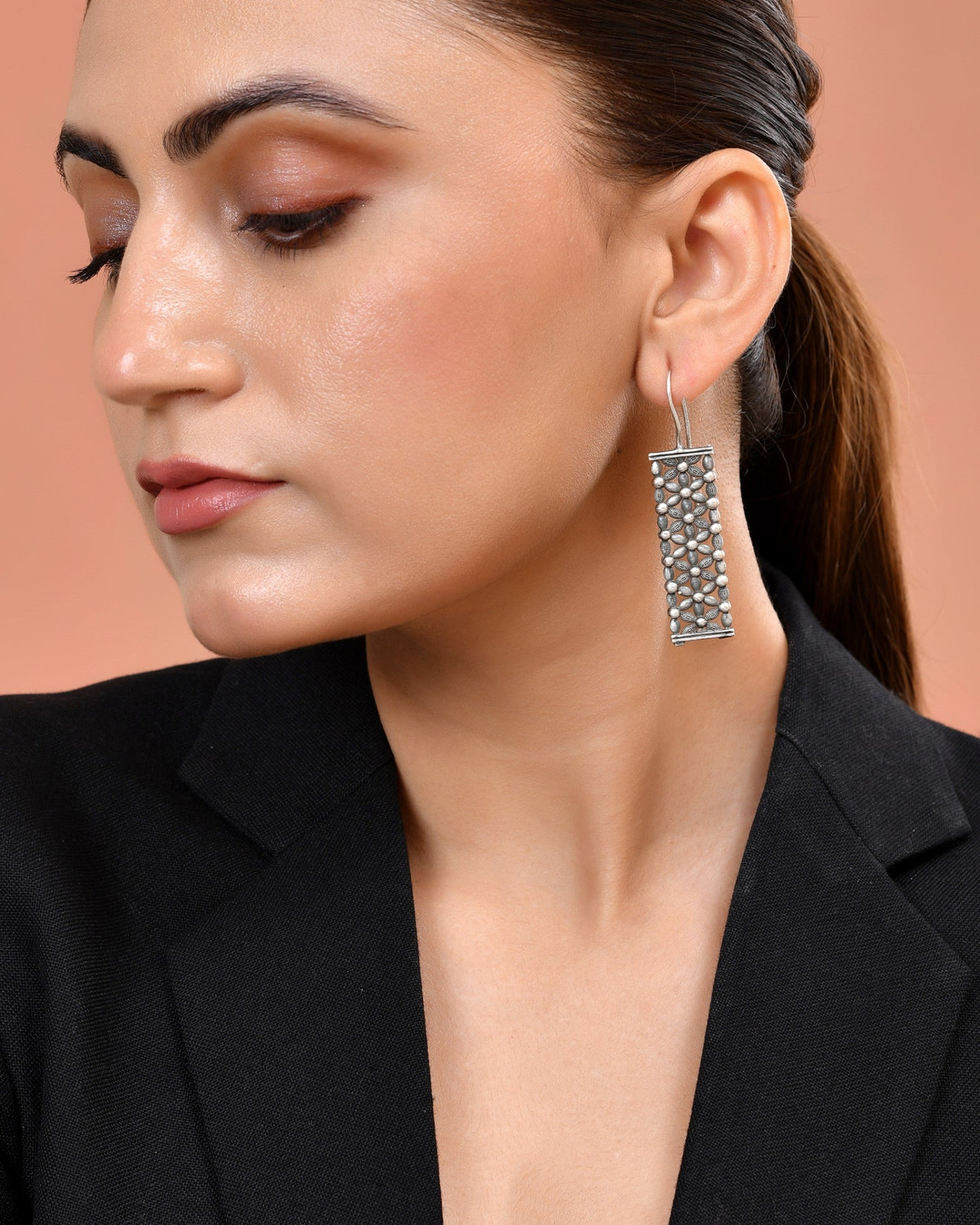 VOJ Silver Plated Beat Studded Designer Drop Earrings | Grocsy