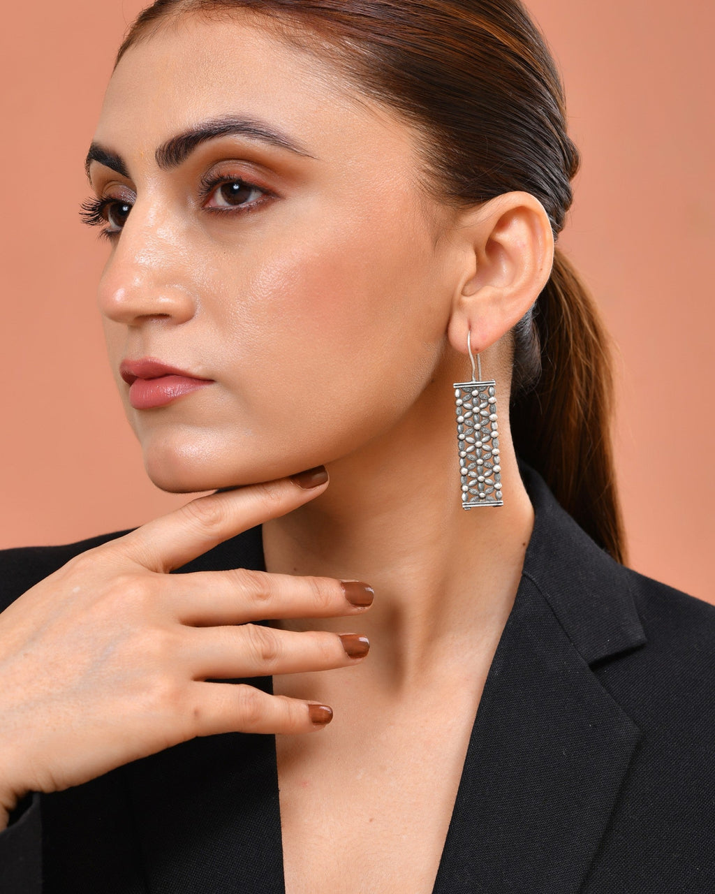 VOJ Silver Plated Beat Studded Designer Drop Earrings | Grocsy