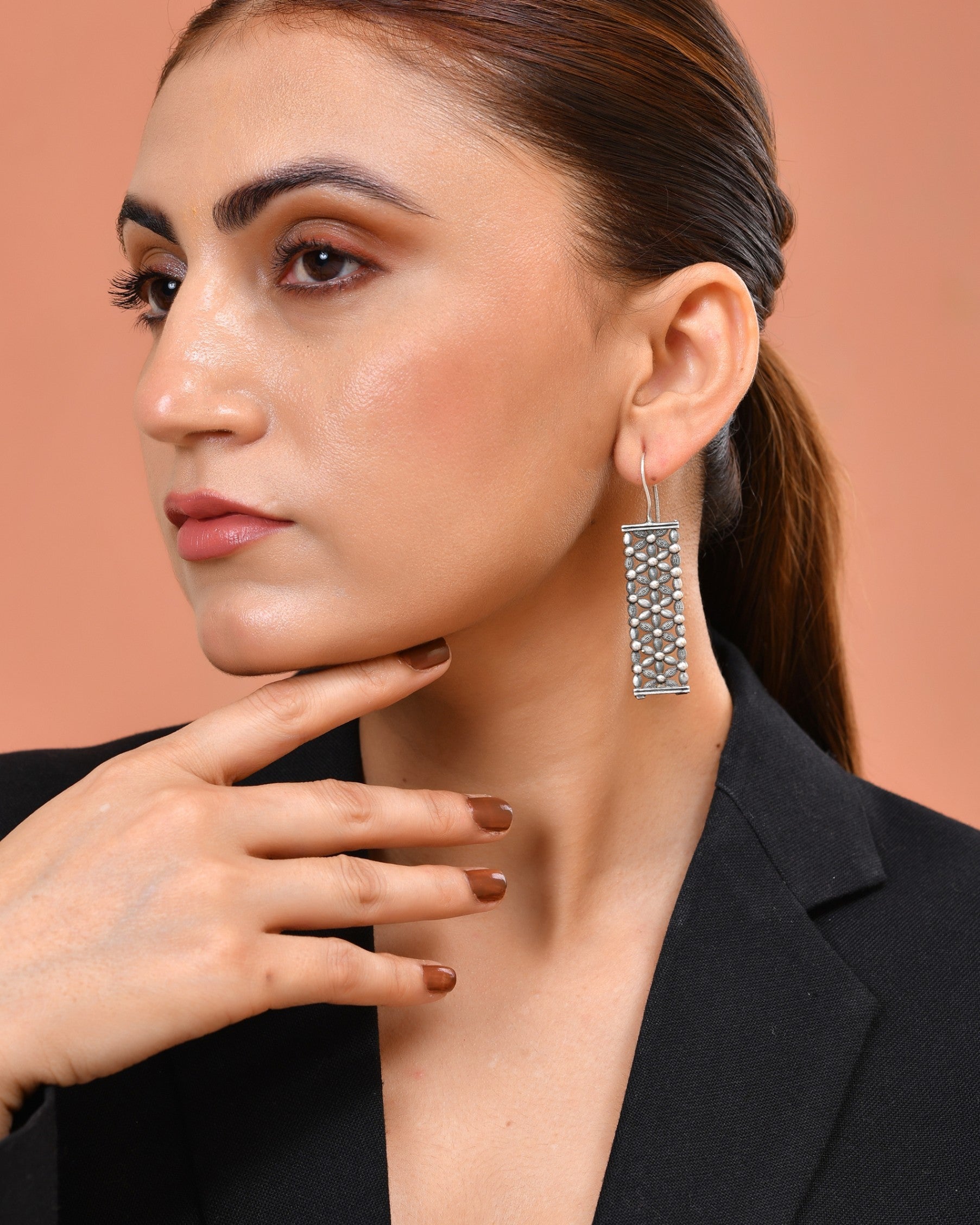 VOJ Silver Plated Beat Studded Designer Drop Earrings | Grocsy