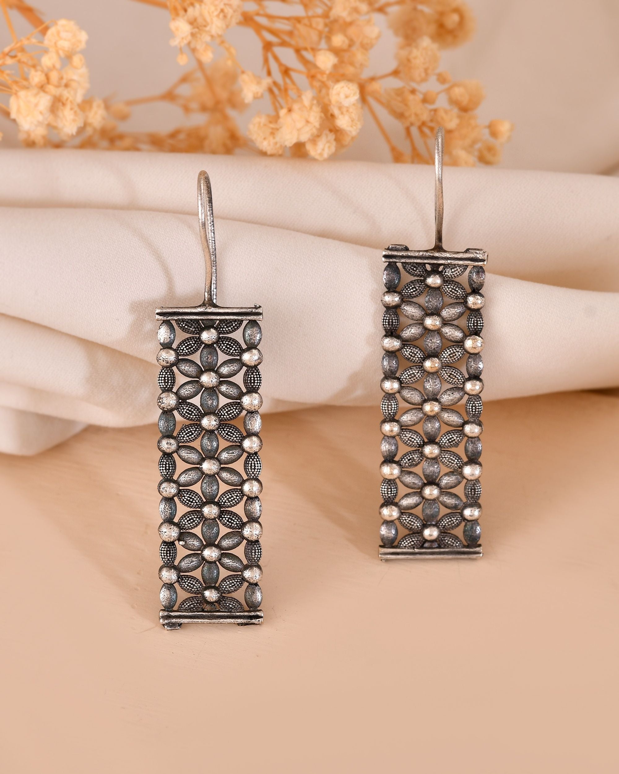 VOJ Silver Plated Beat Studded Designer Drop Earrings | Grocsy