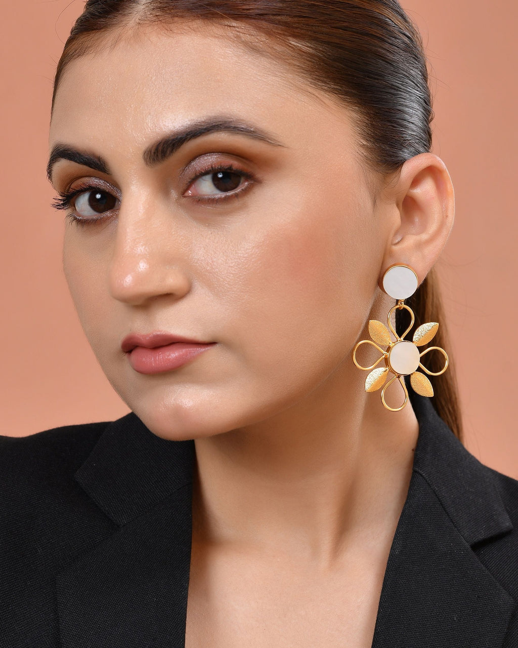 VOJ Gold Plated Floral Shaped Stone Studded Drop Earrings | Grocsy