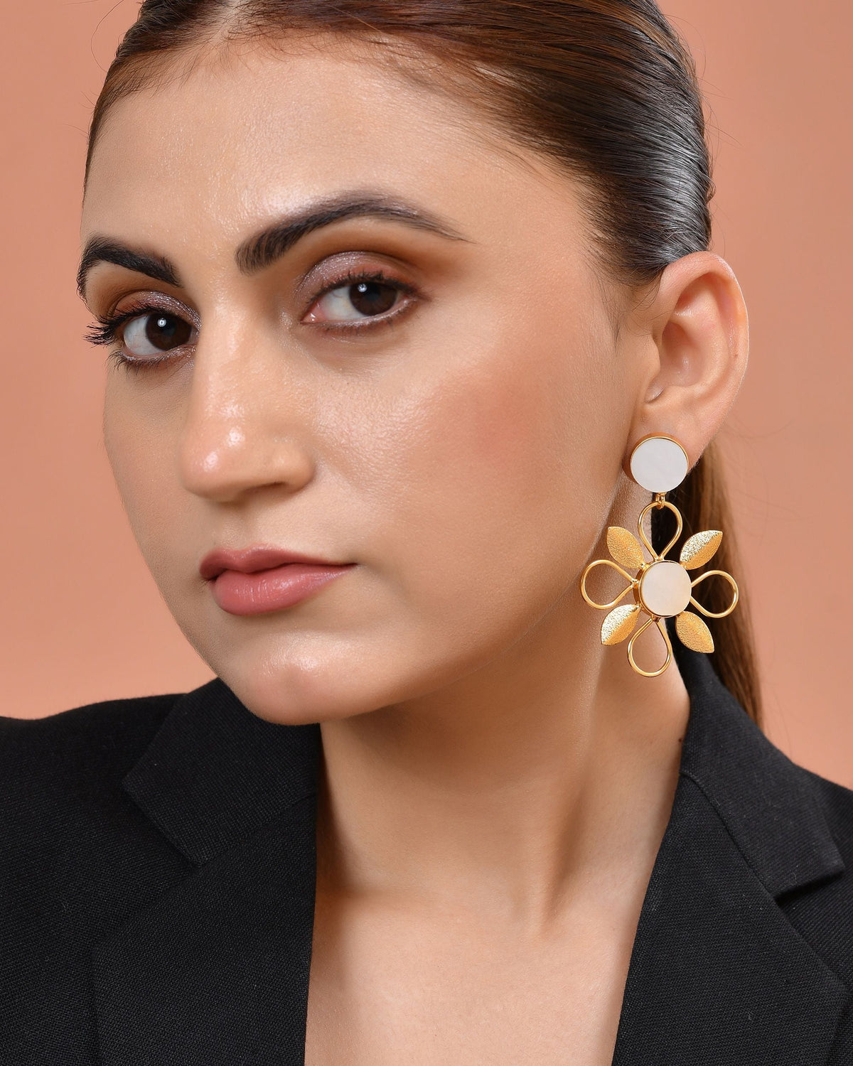 VOJ Gold Plated Floral Shaped Stone Studded Drop Earrings | Grocsy