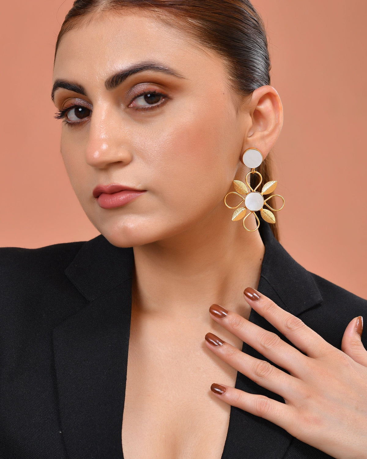 VOJ Gold Plated Floral Shaped Stone Studded Drop Earrings | Grocsy