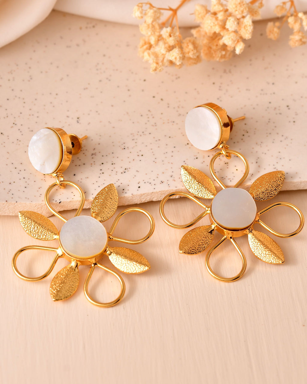 VOJ Gold Plated Floral Shaped Stone Studded Drop Earrings | Grocsy