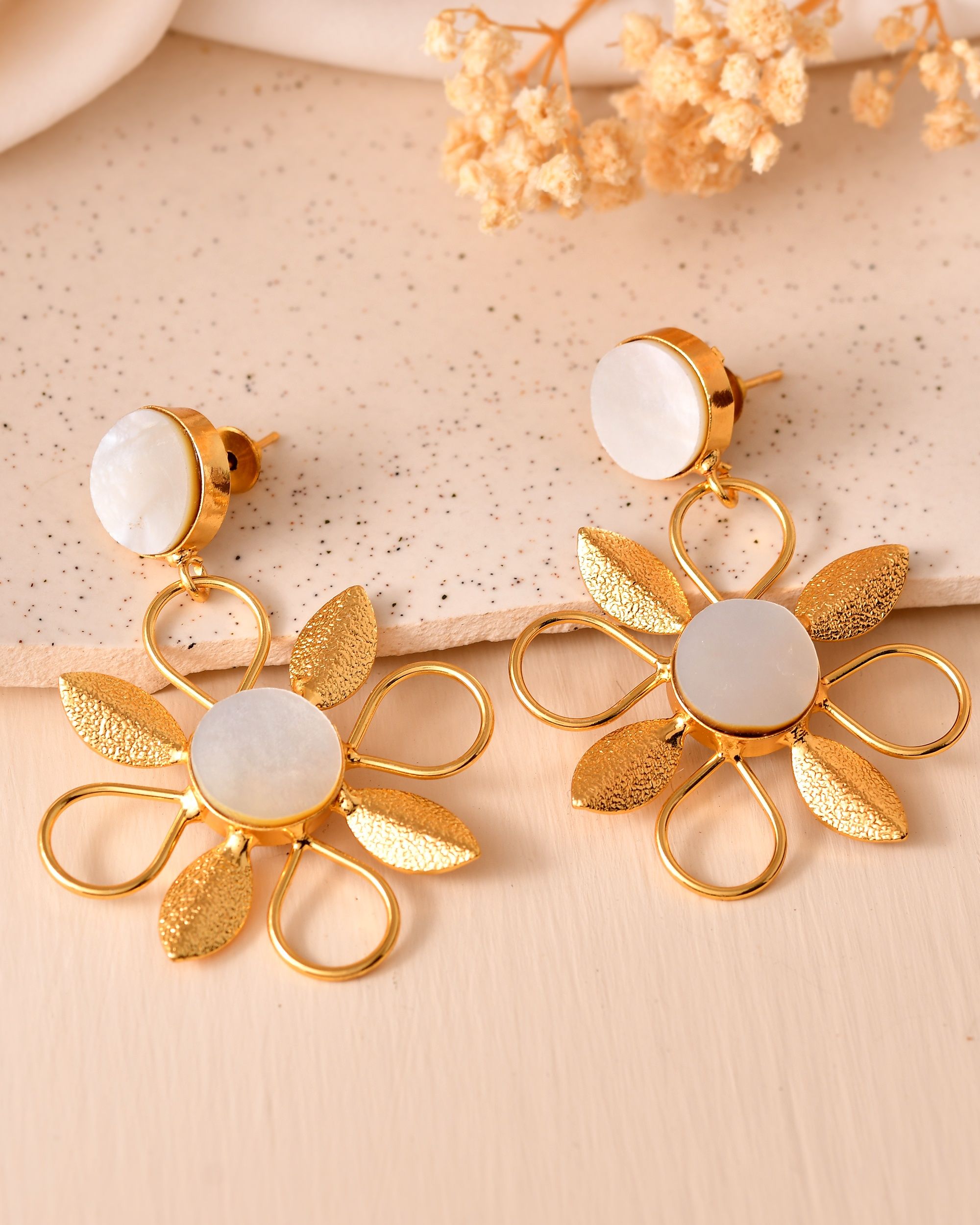 VOJ Gold Plated Floral Shaped Stone Studded Drop Earrings | Grocsy