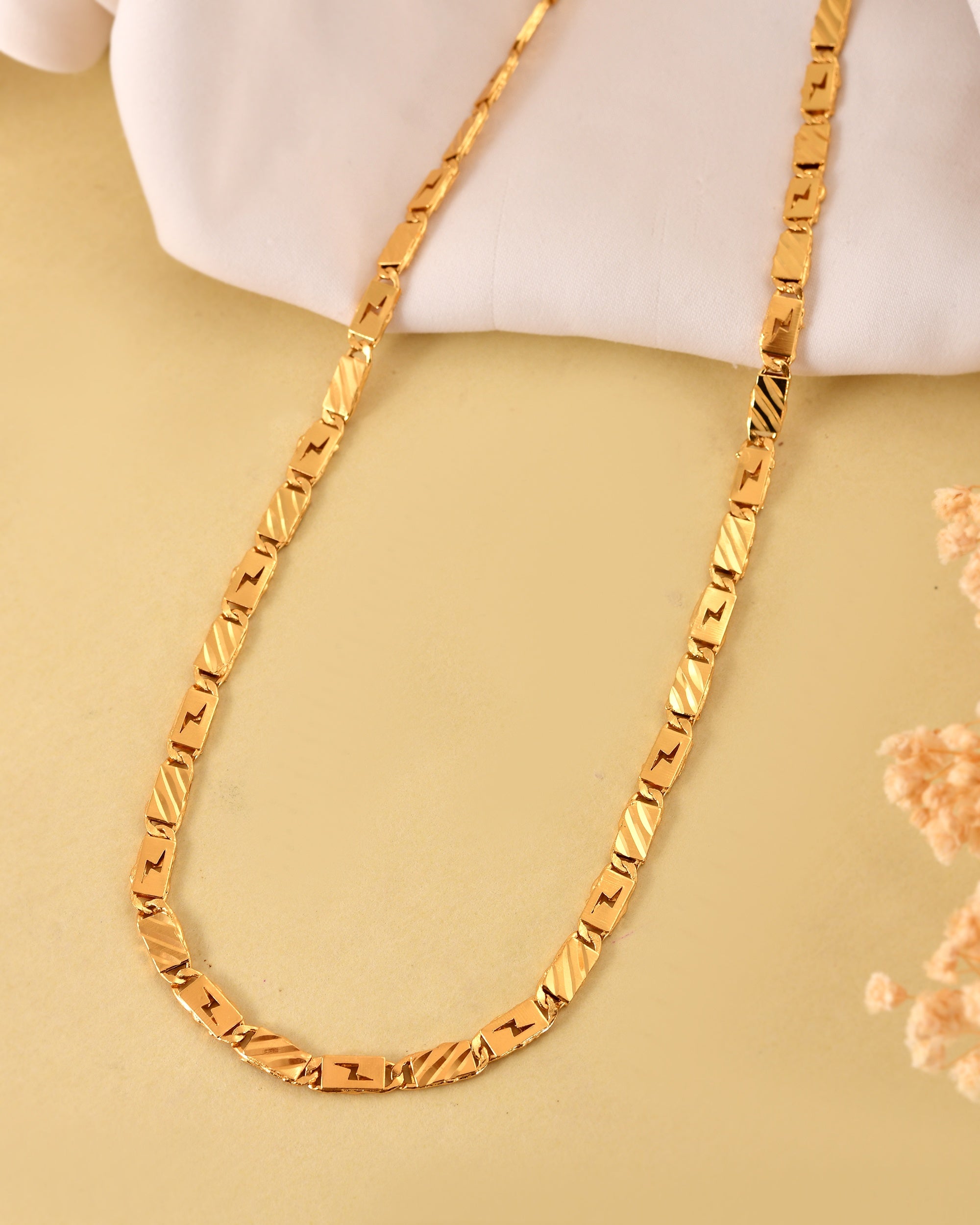 VOJ Gold Plated Thunder Light Shaped Biscuit Chain For Men | Grocsy
