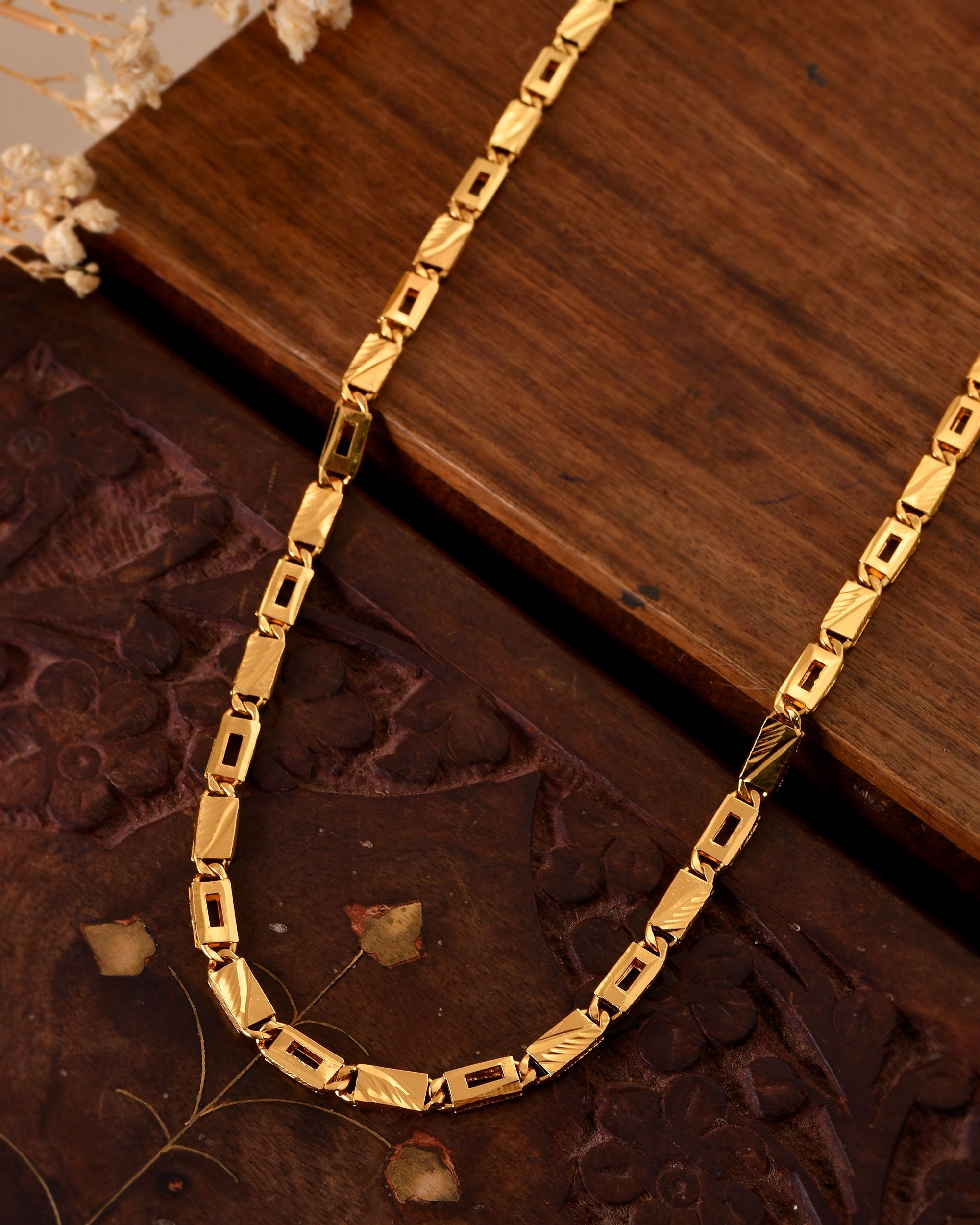 VOJ Gold Toned Rectangular Designed Biscuit Chain For Men | Grocsy