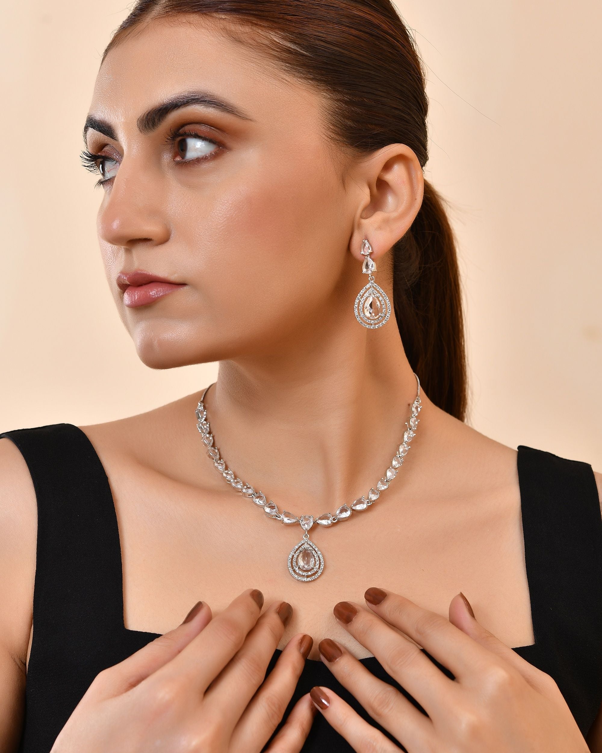 VOJ Silver Toned Tear Drop Shaped Stone Ad Necklace Set | Grocsy