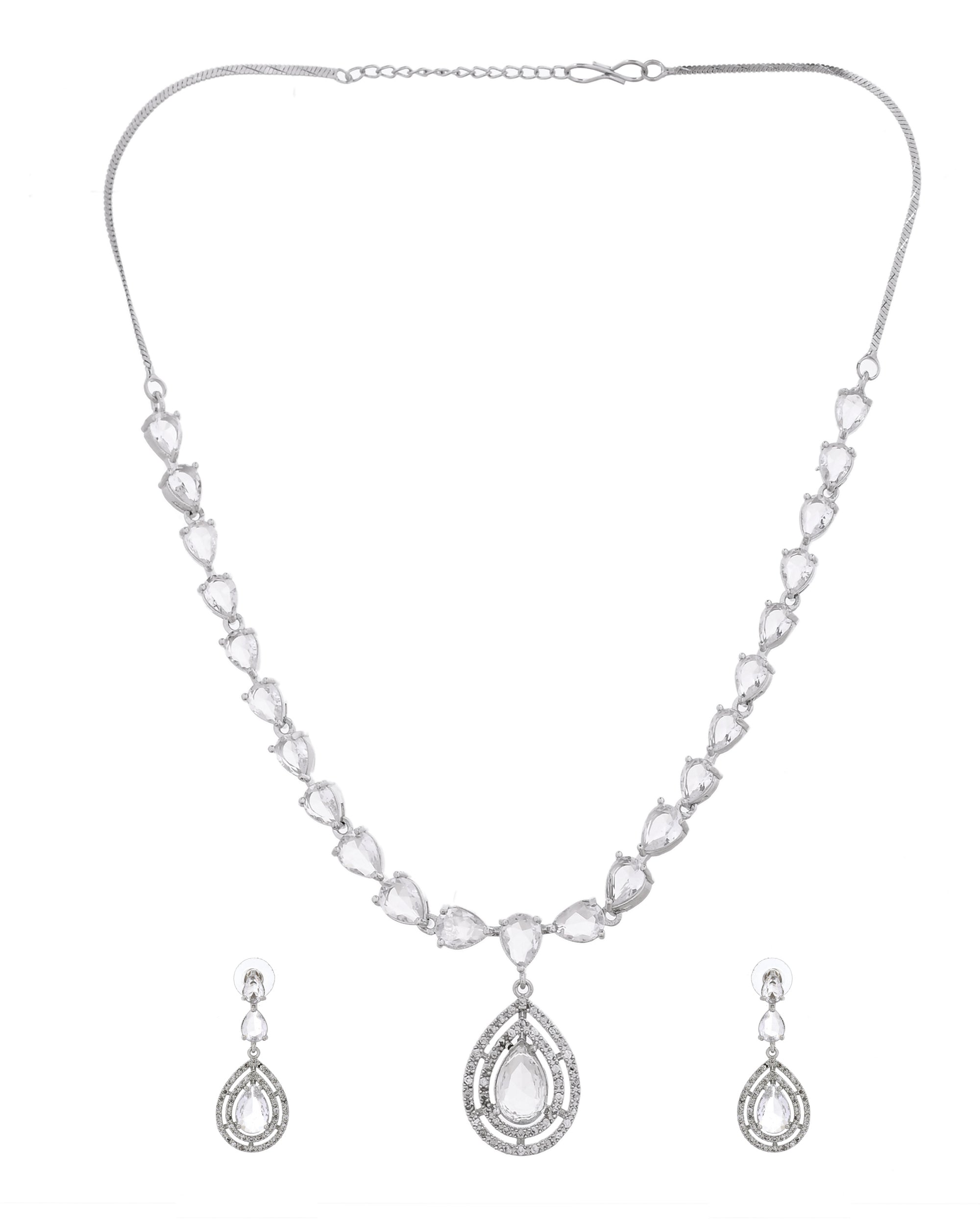 VOJ Silver Toned Tear Drop Shaped Stone Ad Necklace Set | Grocsy