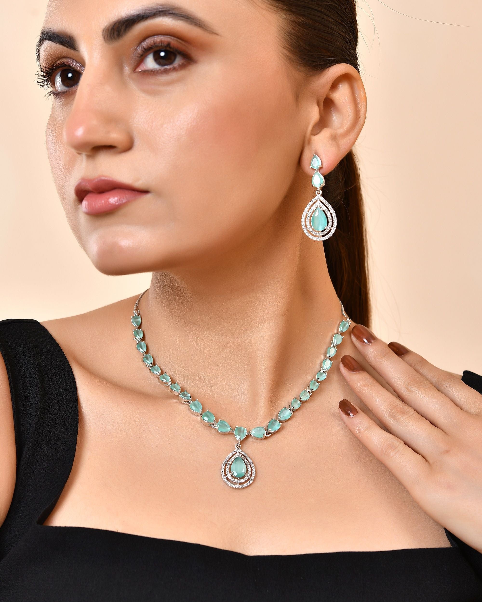 VOJ Silver Toned Teal Green Teardrop Shaped Stone Ad Necklace Set | Grocsy