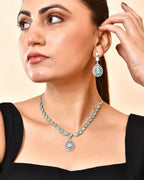VOJ Silver Toned Teal Green Teardrop Shaped Stone Ad Necklace Set | Grocsy