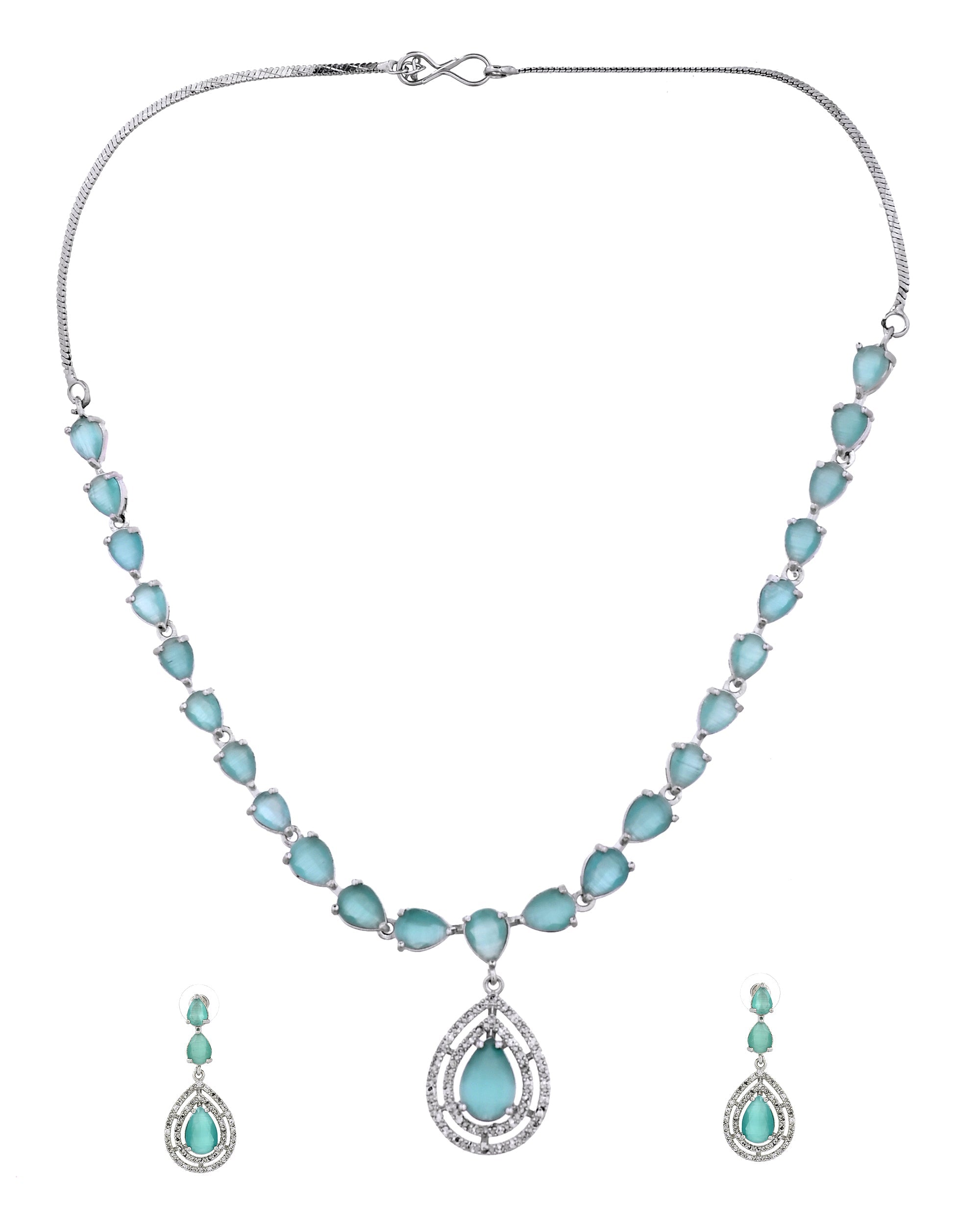 VOJ Silver Toned Teal Green Teardrop Shaped Stone Ad Necklace Set | Grocsy