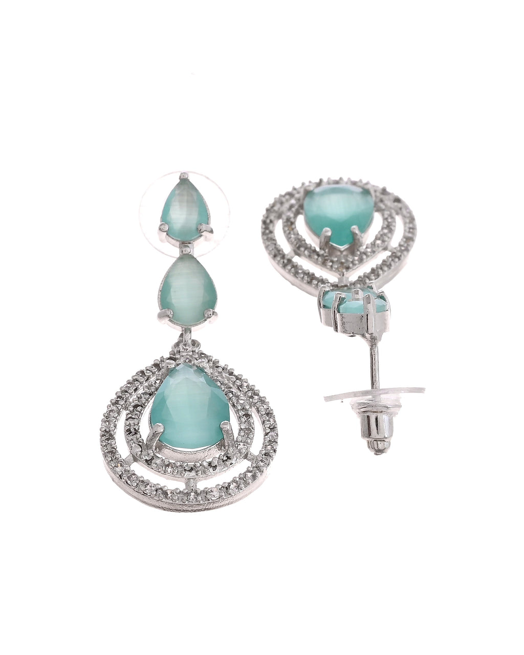 VOJ Silver Toned Teal Green Teardrop Shaped Stone Ad Necklace Set | Grocsy