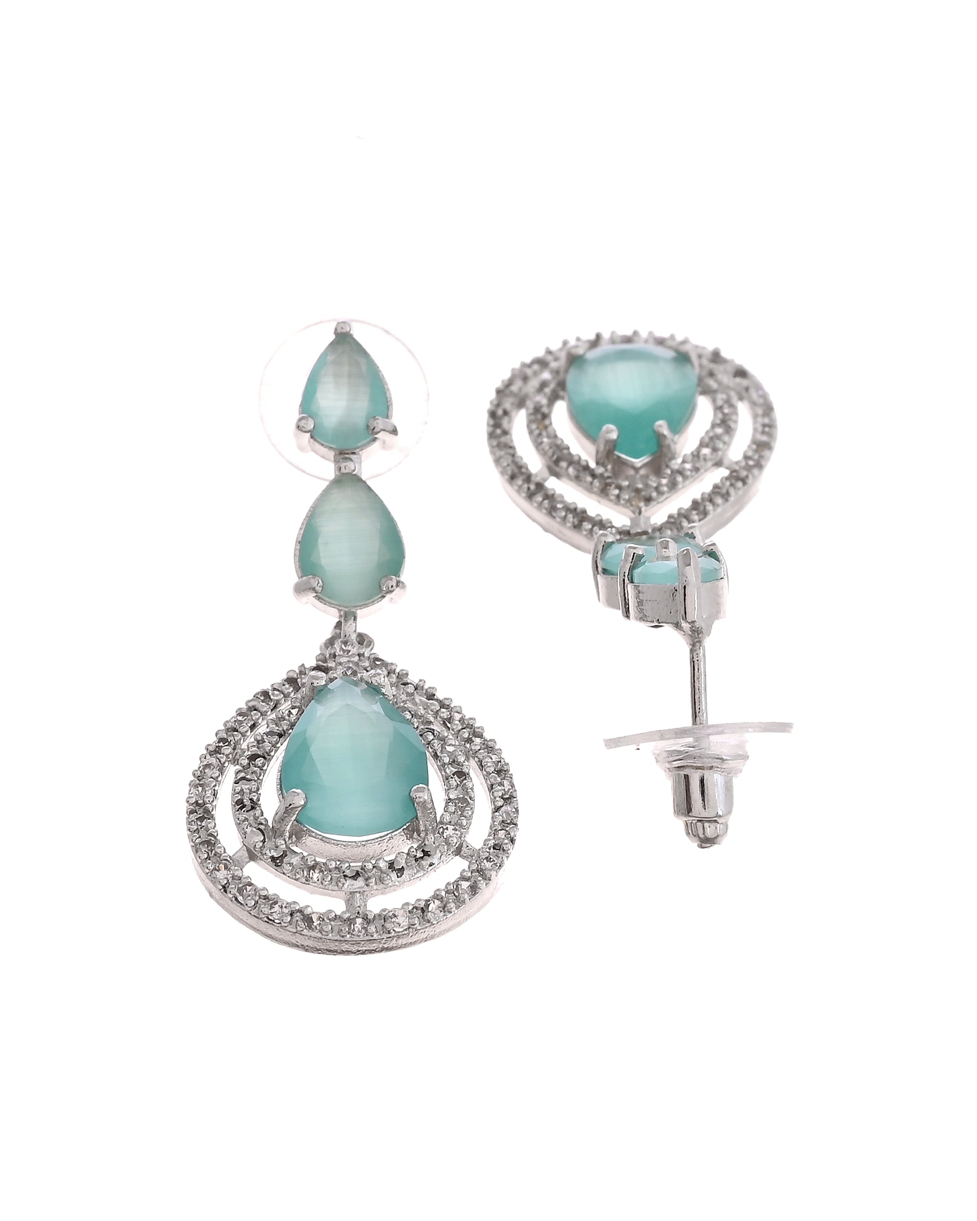 VOJ Silver Toned Teal Green Teardrop Shaped Stone Ad Necklace Set | Grocsy