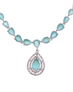 VOJ Silver Toned Teal Green Teardrop Shaped Stone Ad Necklace Set | Grocsy