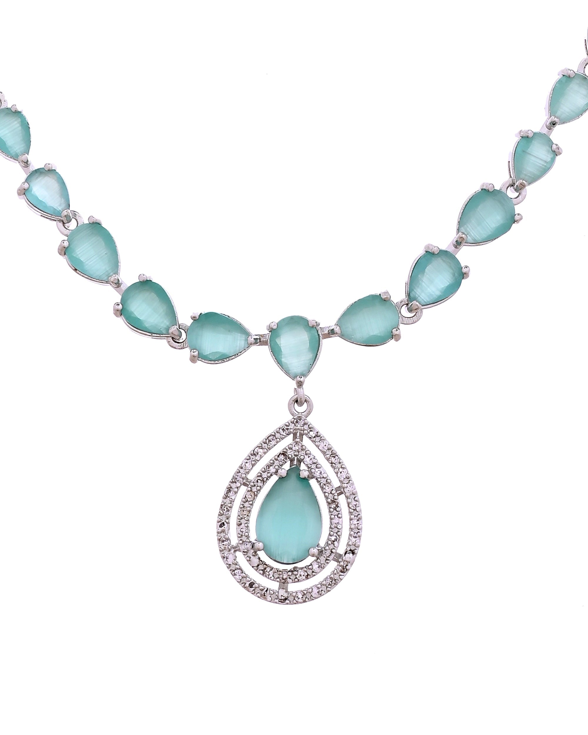 VOJ Silver Toned Teal Green Teardrop Shaped Stone Ad Necklace Set | Grocsy
