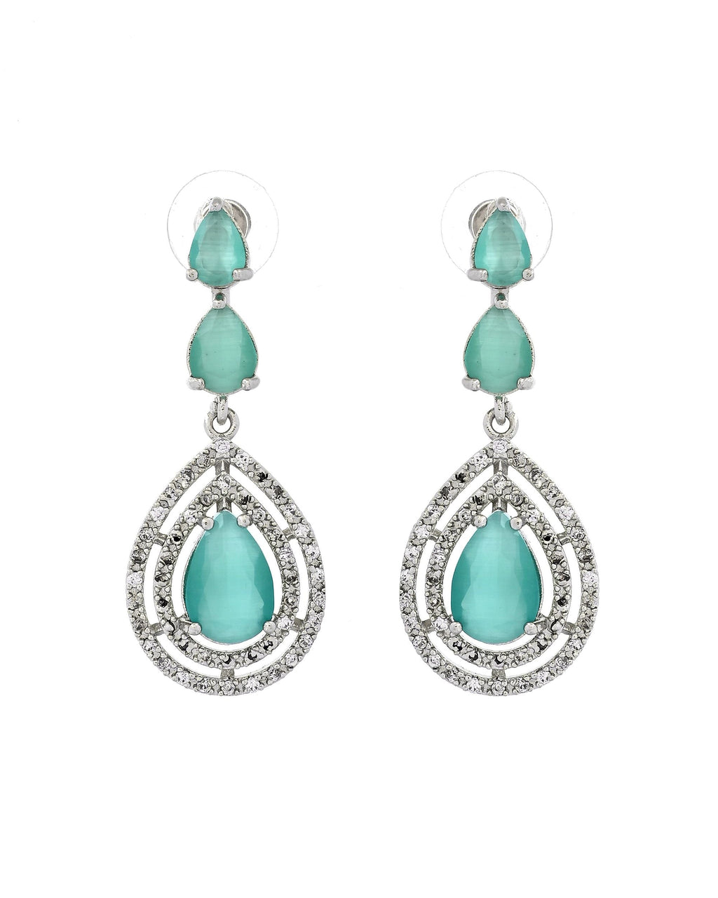 VOJ Silver Toned Teal Green Teardrop Shaped Stone Ad Necklace Set | Grocsy
