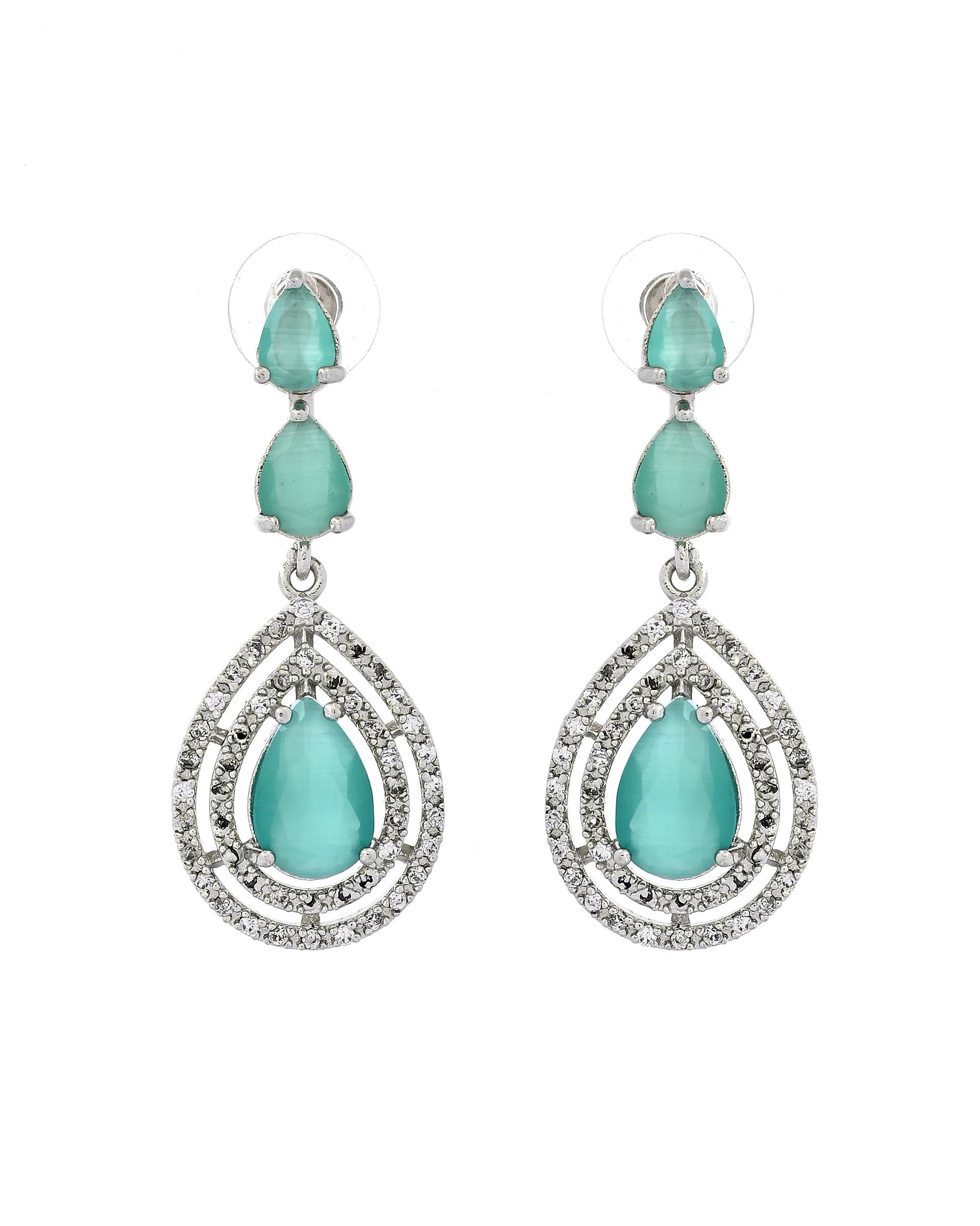 VOJ Silver Toned Teal Green Teardrop Shaped Stone Ad Necklace Set | Grocsy
