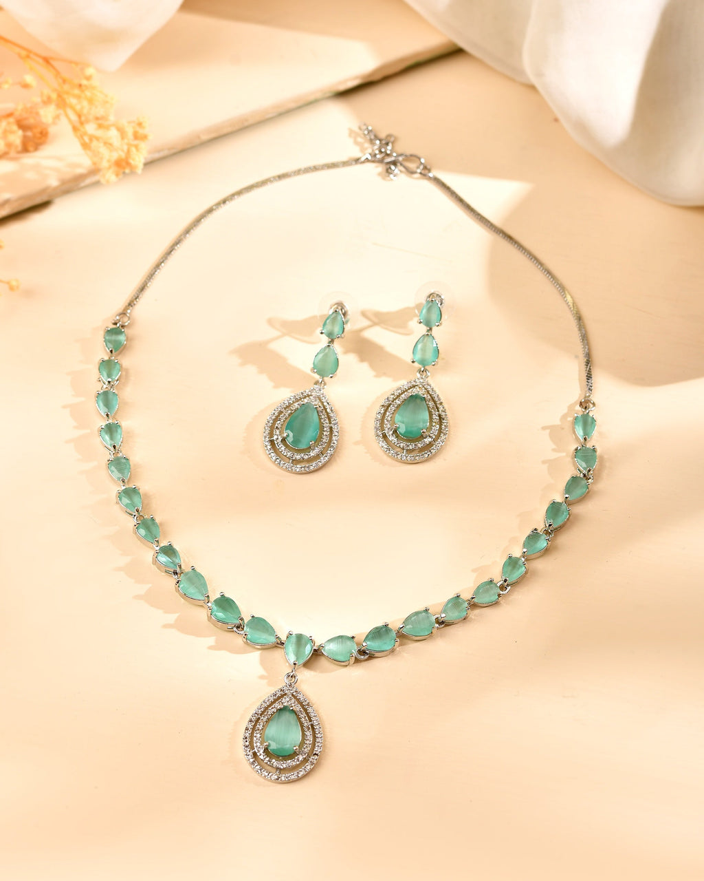 VOJ Silver Toned Teal Green Teardrop Shaped Stone Ad Necklace Set | Grocsy