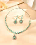 VOJ Silver Toned Teal Green Teardrop Shaped Stone Ad Necklace Set | Grocsy