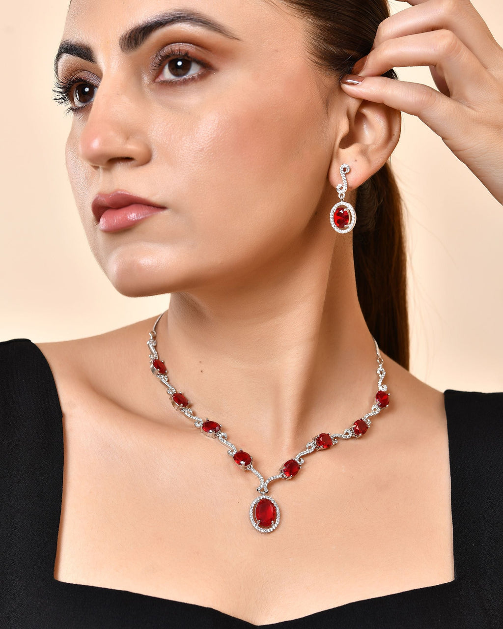VOJ Silver Plated Oval Ruby Red Stone Studded Ad Jewellery Set | Grocsy