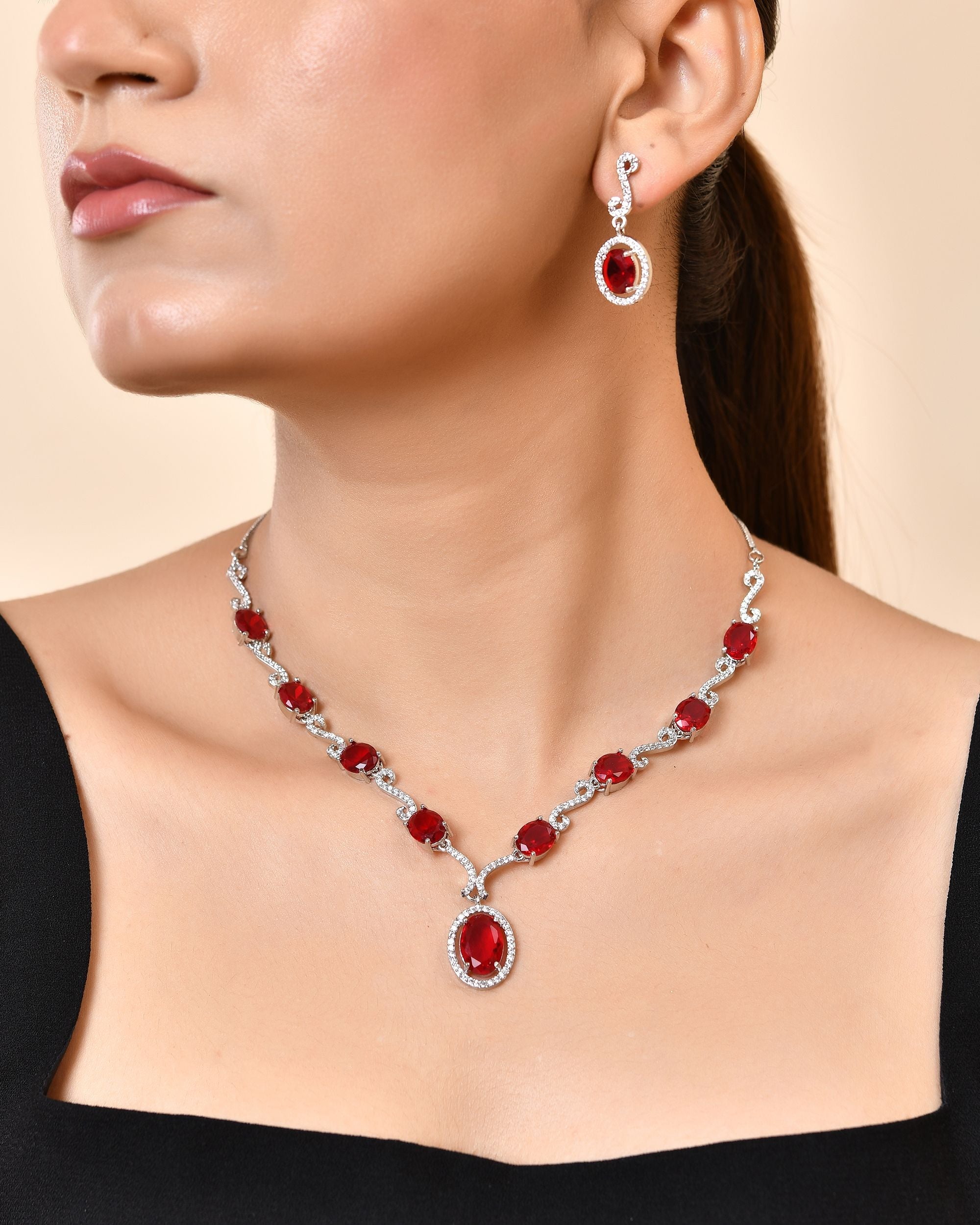VOJ Silver Plated Oval Ruby Red Stone Studded Ad Jewellery Set | Grocsy